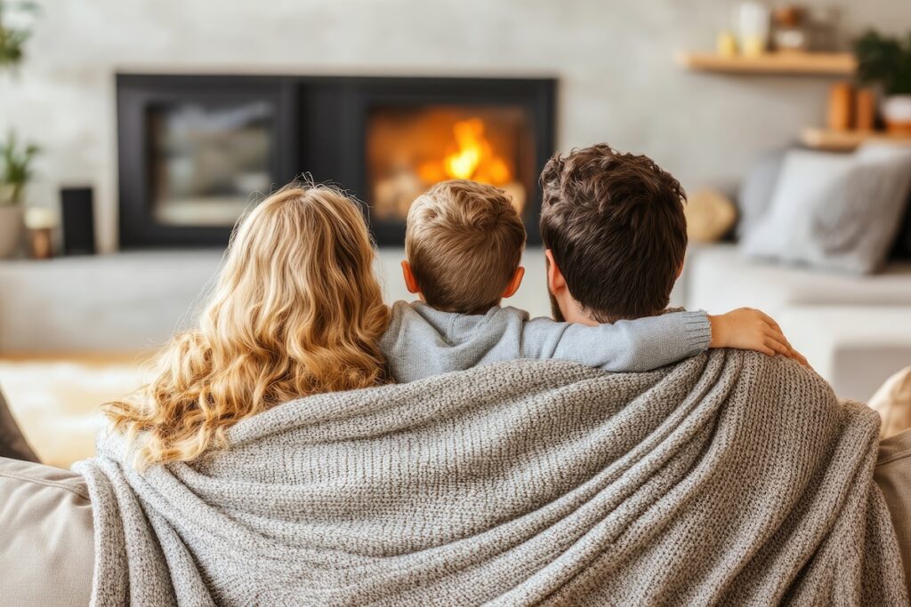 Blanket wrapped around a family